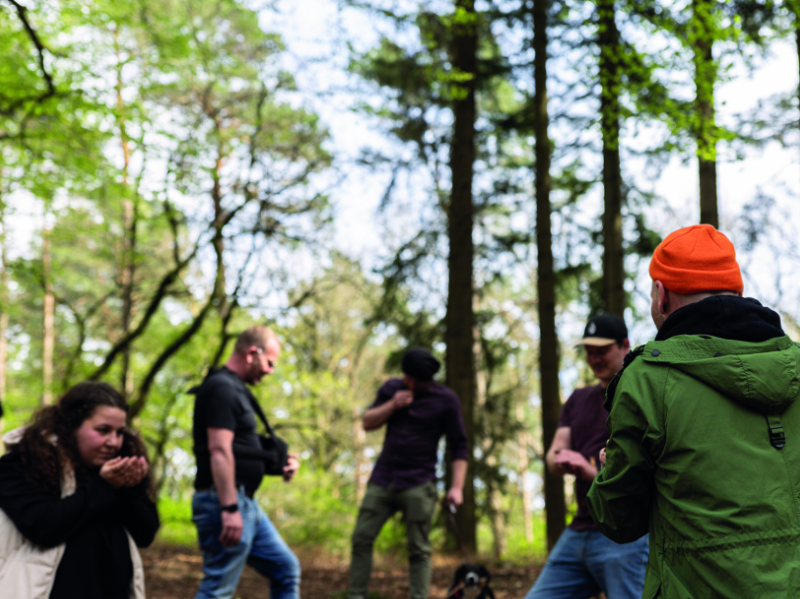 Gruppe von Menschen beim Waldbaden im Wald. Die Gruppe untersucht den Wald.
