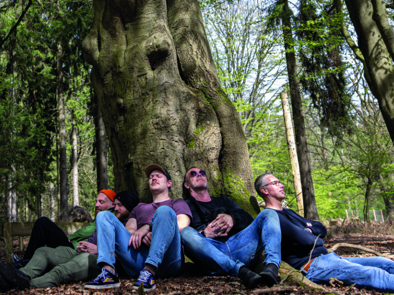 Gruppe von Menschen beim Waldbaden im Wald, die Achtsamkeitsübungen durchführen
